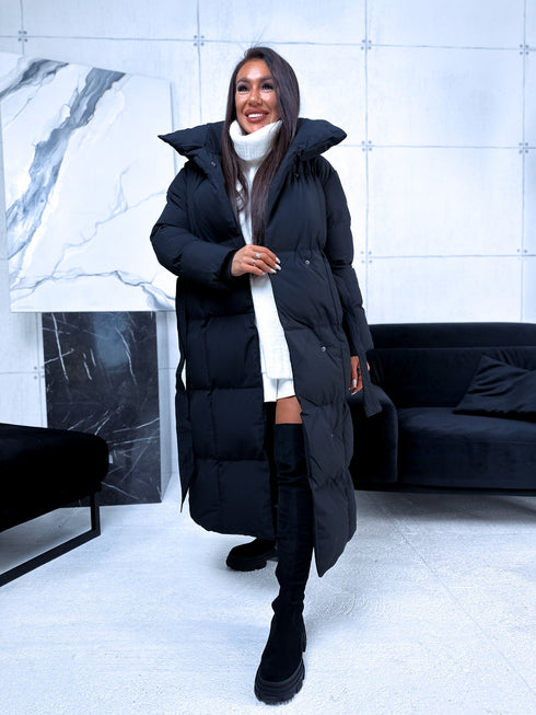 Pufīga, garā virsjaka ar sasienamu jostu FC7516 - melna