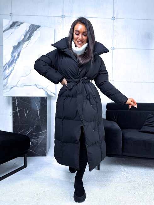 Pufīga, garā virsjaka ar sasienamu jostu FC7516 - melna