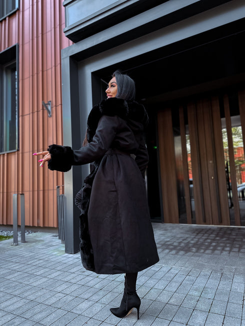 Coat with sewn-in fluff squares - black PRE-ORDER