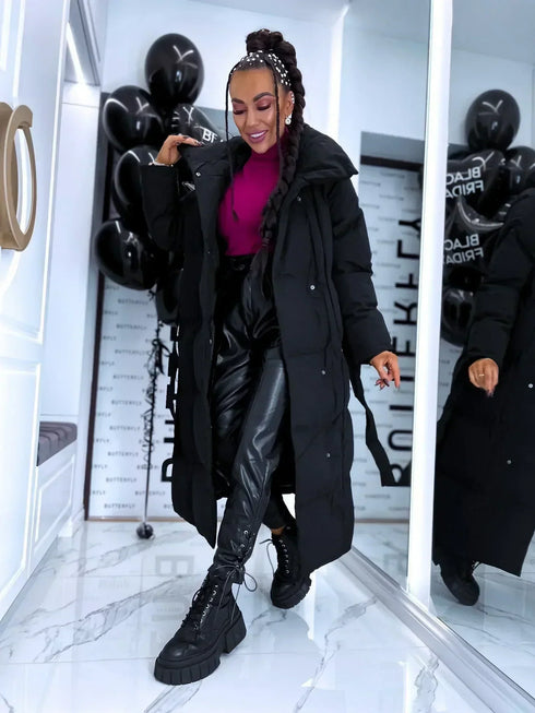 Pufīga, garā virsjaka ar sasienamu jostu FC7516 - melna