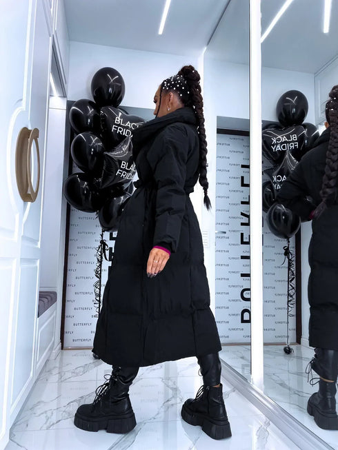 Pufīga, garā virsjaka ar sasienamu jostu FC7516 - melna