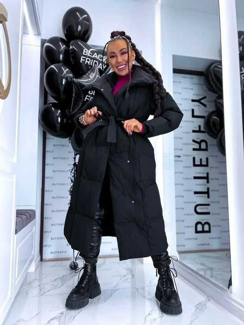 Pufīga, garā virsjaka ar sasienamu jostu FC7516 - melna