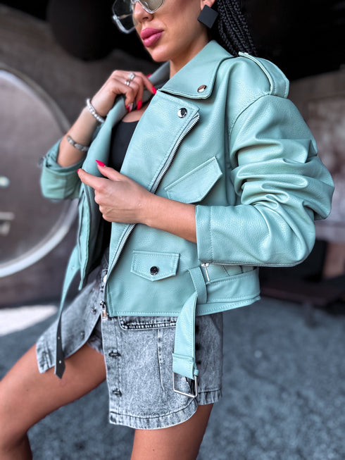 Crop faux leather jacket MU03 - pistachio green