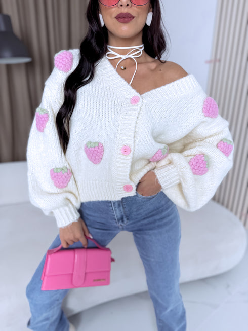 Adīta vilnos striukė "SWEET RASPBERRY" - KRĖMBALTA