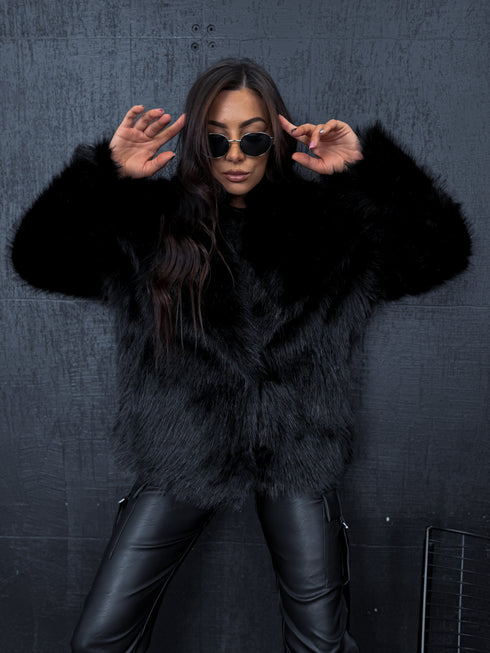 "BUSHY" artificial fur coat - BLACK