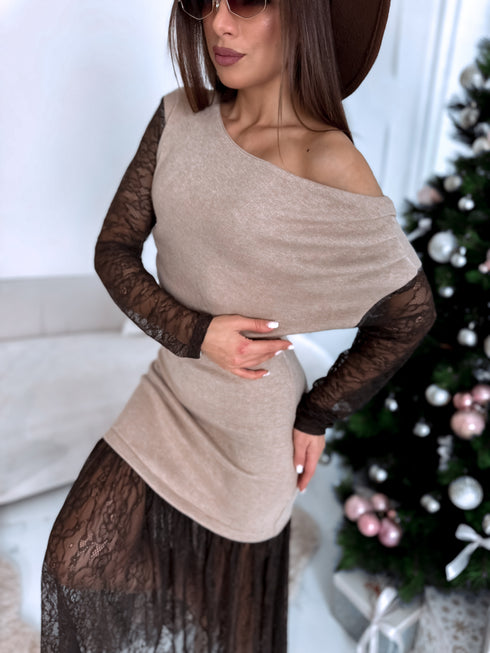 Knitted dress "ICE QUEEN 55890" - CHOCO WITH BEIGE