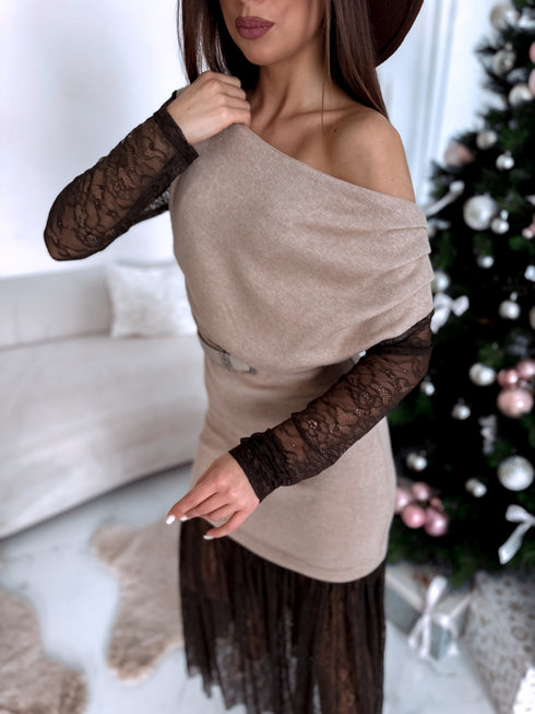 Knitted dress "ICE QUEEN 55890" - CHOCO WITH BEIGE