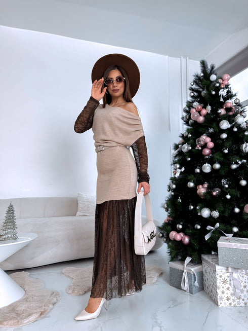 Knitted dress "ICE QUEEN 55890" - CHOCO WITH BEIGE