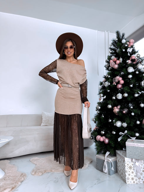 Knitted dress "ICE QUEEN 55890" - CHOCO WITH BEIGE