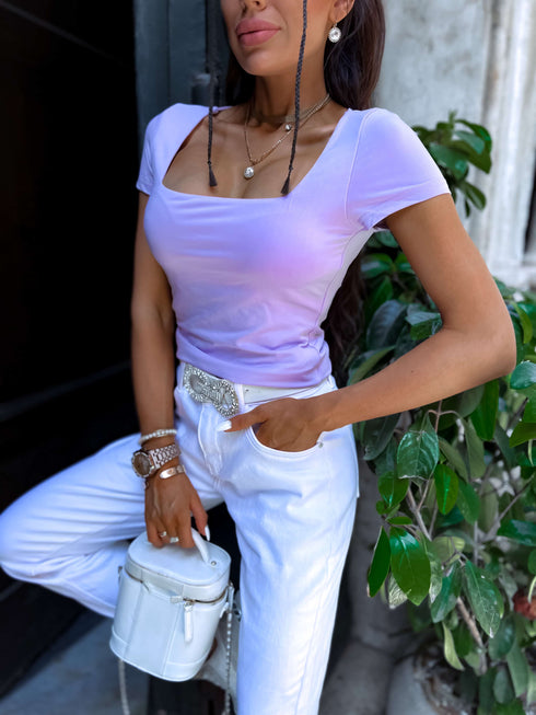 BASIC T-shirt with square neckline - lavender