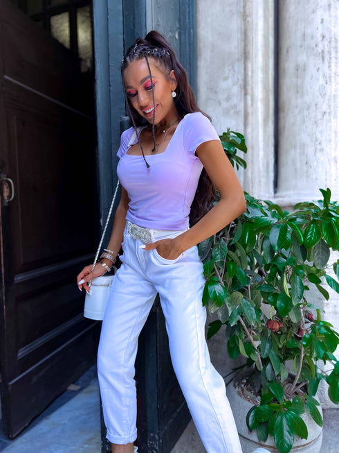 BASIC T-shirt with square neckline - lavender