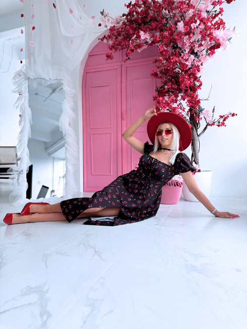 Dress with cherry print 74 "What is love?" - black