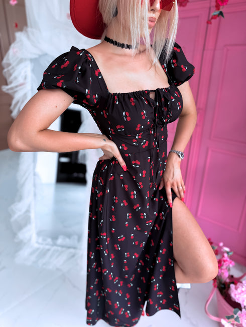 Dress with cherry print 74 "What is love?" - black