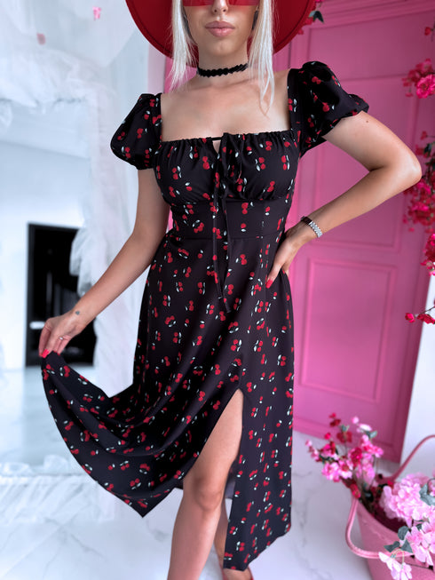 Dress with cherry print 74 "What is love?" - black