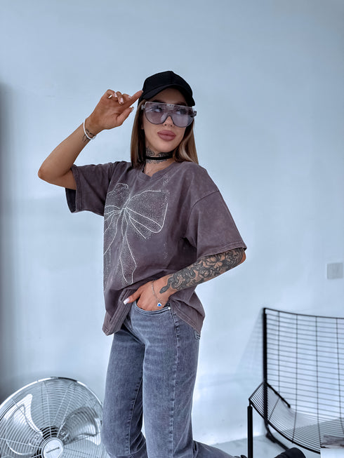GRAY-BROWN, ONE SIZE extended T-shirt "CRYSTAL BOW"