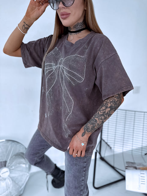 GRAY-BROWN, ONE SIZE extended T-shirt "CRYSTAL BOW"