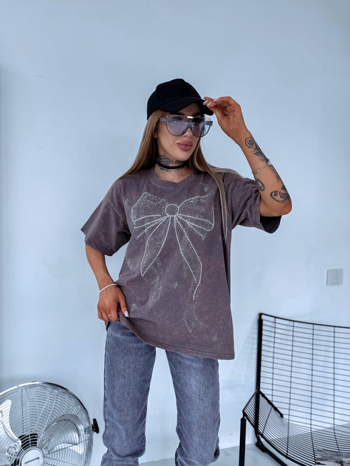 GRAY-BROWN, ONE SIZE extended T-shirt "CRYSTAL BOW"