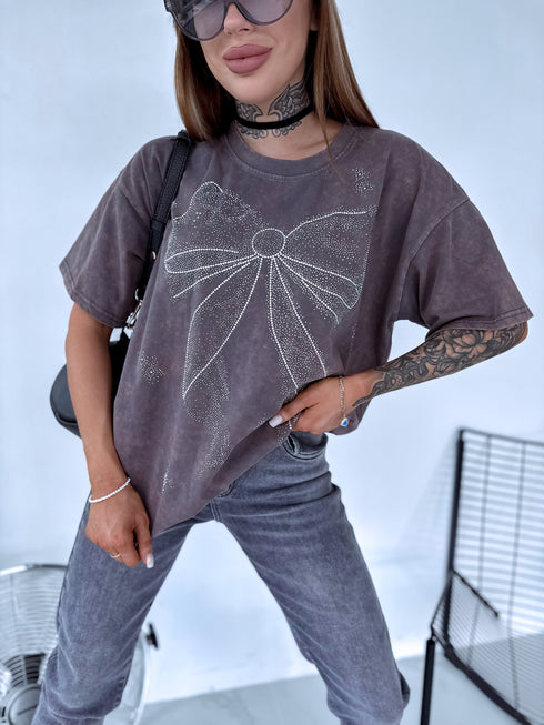 GRAY-BROWN, ONE SIZE extended T-shirt "CRYSTAL BOW"