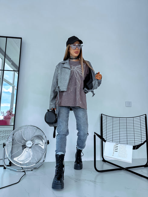 GRAY-BROWN, ONE SIZE extended T-shirt "CRYSTAL BOW"