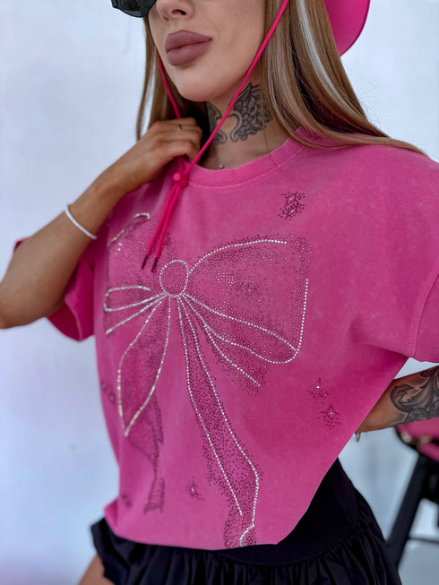 PINK, ONE SIZE extended T-shirt "CRYSTAL BOW"