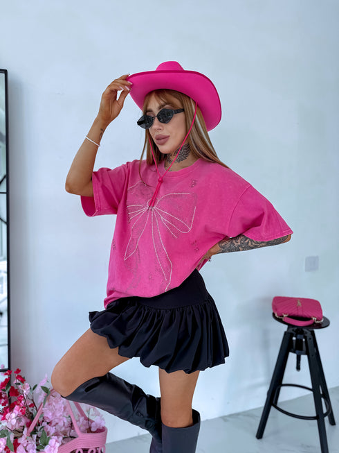 PINK, ONE SIZE extended T-shirt "CRYSTAL BOW"