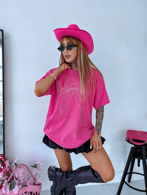 PINK, ONE SIZE extended T-shirt "CRYSTAL BOW"