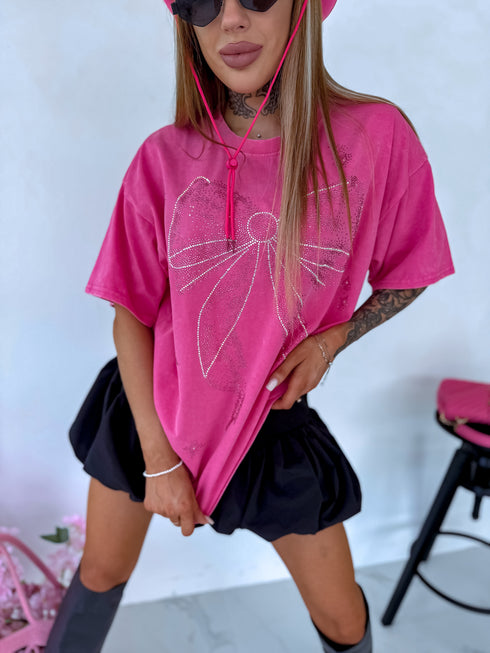 PINK, ONE SIZE extended T-shirt "CRYSTAL BOW"