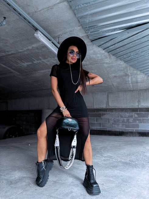 2in1 net dress + petticoat - BLACK