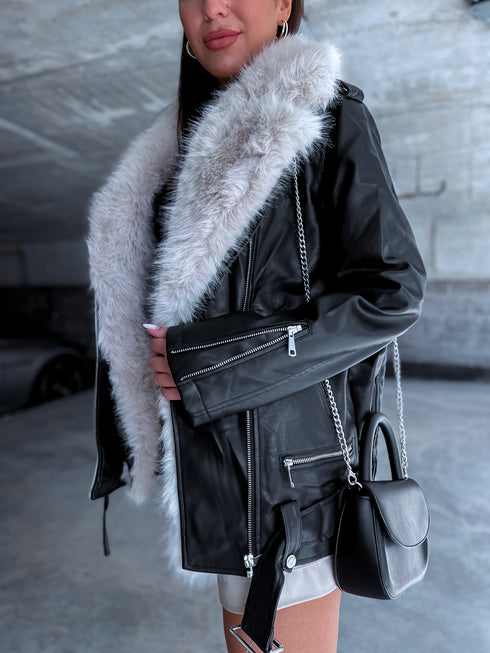 Black jacket with beige fur "LUX FUR" FL47