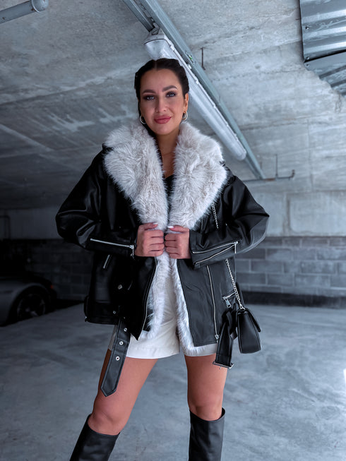 Black jacket with beige fur "LUX FUR" FL47