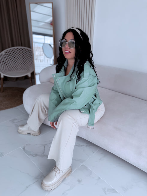 Crop faux leather jacket MU03 - pistachio green