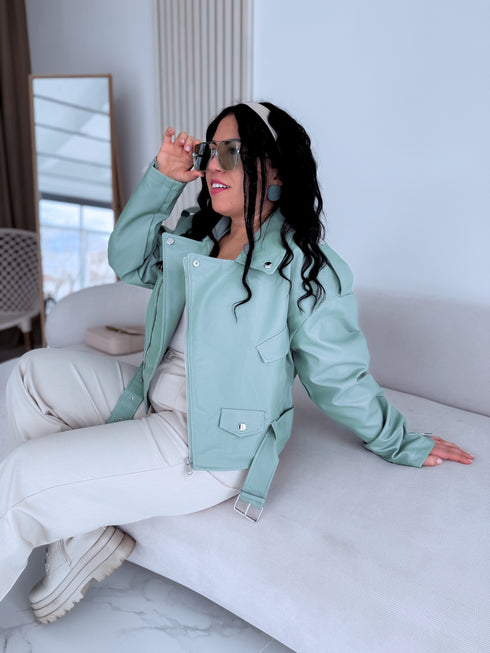 Crop faux leather jacket MU03 - pistachio green
