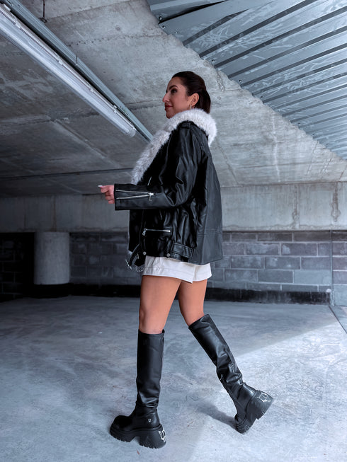 Black jacket with beige fur "LUX FUR" FL47