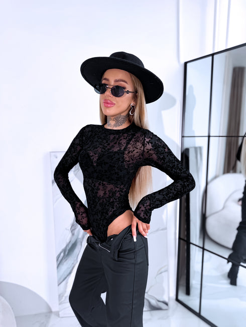 ROSE pattern mesh bodysuit "TO BLOOM HS9735" - BLACK