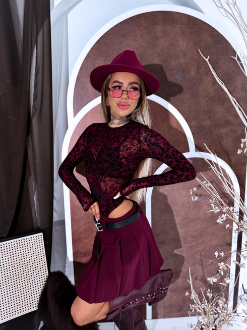 ROSE pattern mesh bodysuit "TO BLOOM HS9735" - BURGUNDY