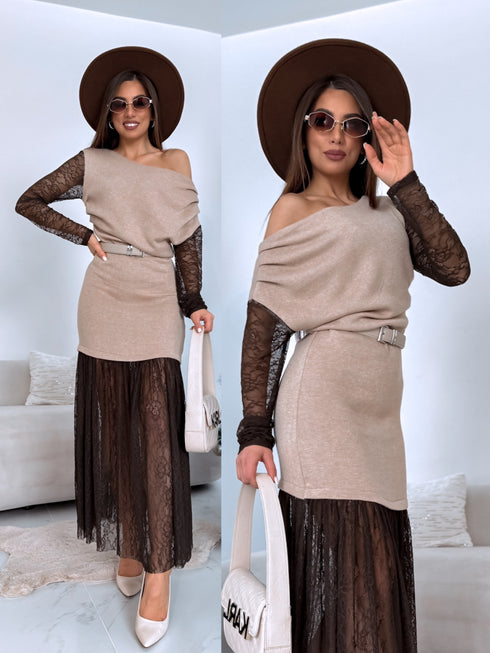 Knitted dress "ICE QUEEN 55890" - CHOCO WITH BEIGE