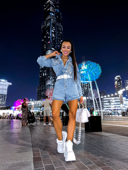 Blue Denim Romper "CRYSTAL LEAP" + BLACK BELT