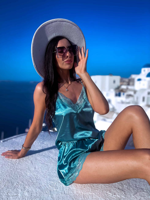 Eikalipta zaļš, satīna nakts komplekts - tops + šorti