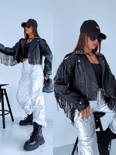 Куртка из искусственной кожи с бахромой "SOMEBODY" - ЧЕРНАЯ S6602