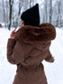 Warm, long coat with fur front + belt - CHOCOLATE BROWN
