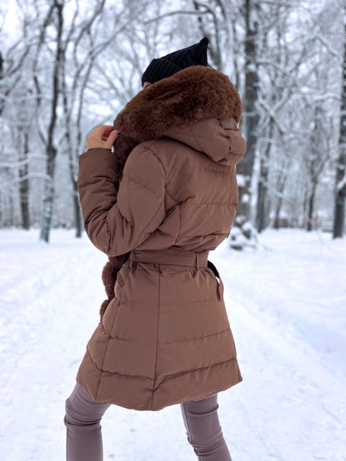 Warm, long coat with fur front + belt - CHOCOLATE BROWN
