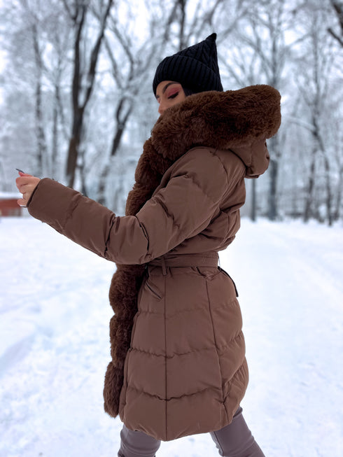 Warm, long coat with fur front + belt - CHOCOLATE BROWN
