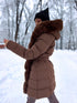 Warm, long coat with fur front + belt - CHOCOLATE BROWN