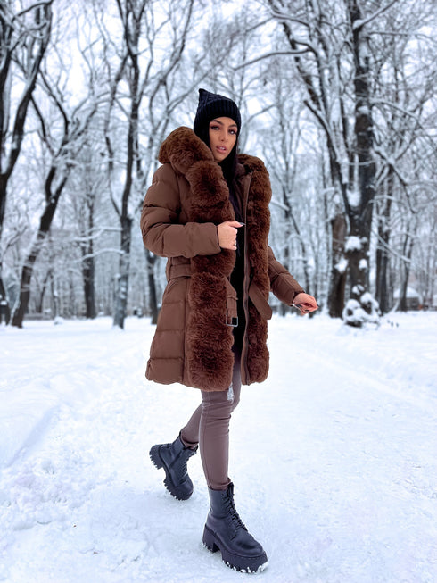 Warm, long coat with fur front + belt - CHOCOLATE BROWN