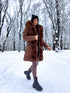 Warm, long coat with fur front + belt - CHOCOLATE BROWN