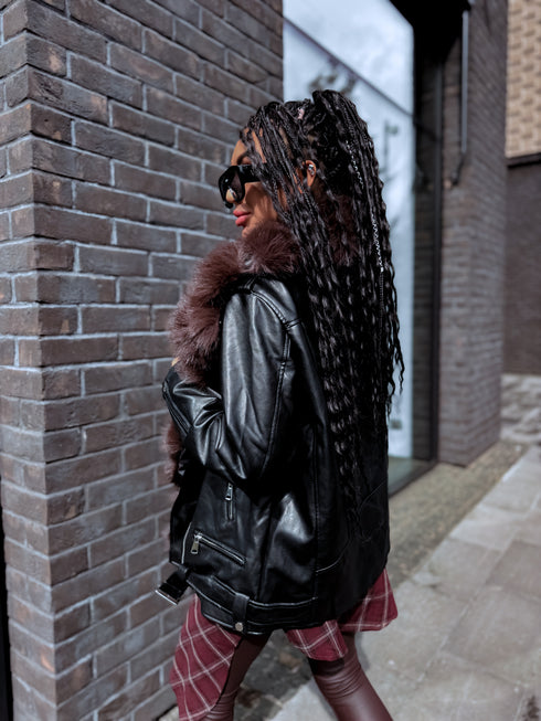 Black overcoat with choco fluff "LUX FUR" FL47