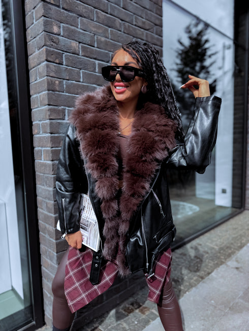 Black overcoat with choco fluff "LUX FUR" FL47