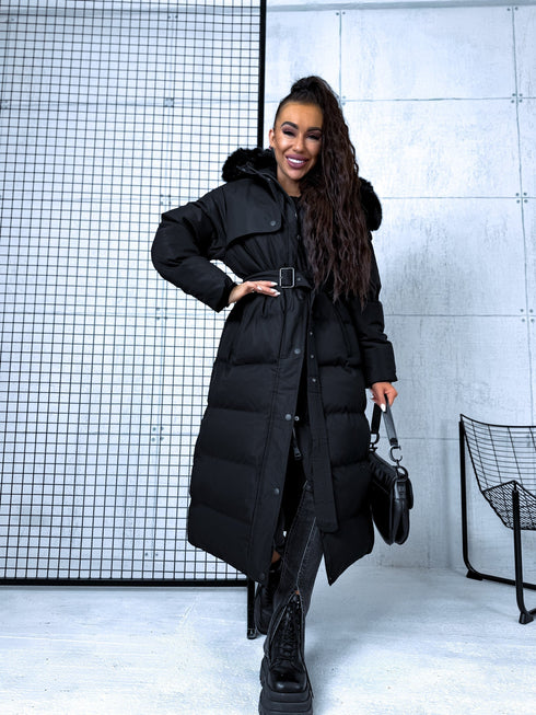 Classic long winter coat with belt - black PRE-ORDER