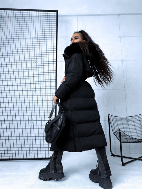 Classic long winter coat with belt - black PRE-ORDER
