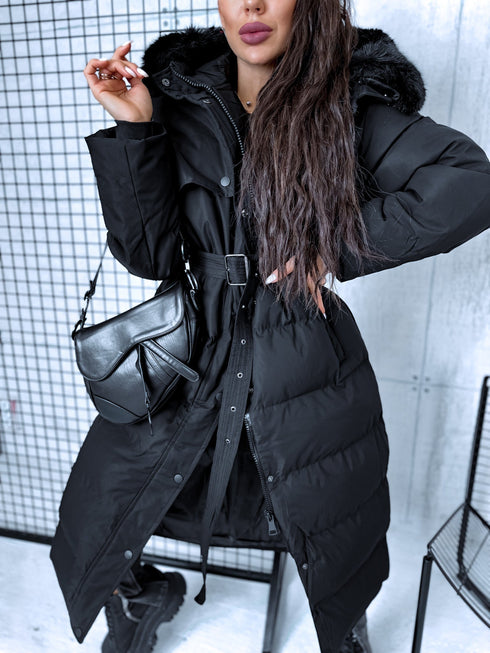 Classic long winter coat with belt - black PRE-ORDER